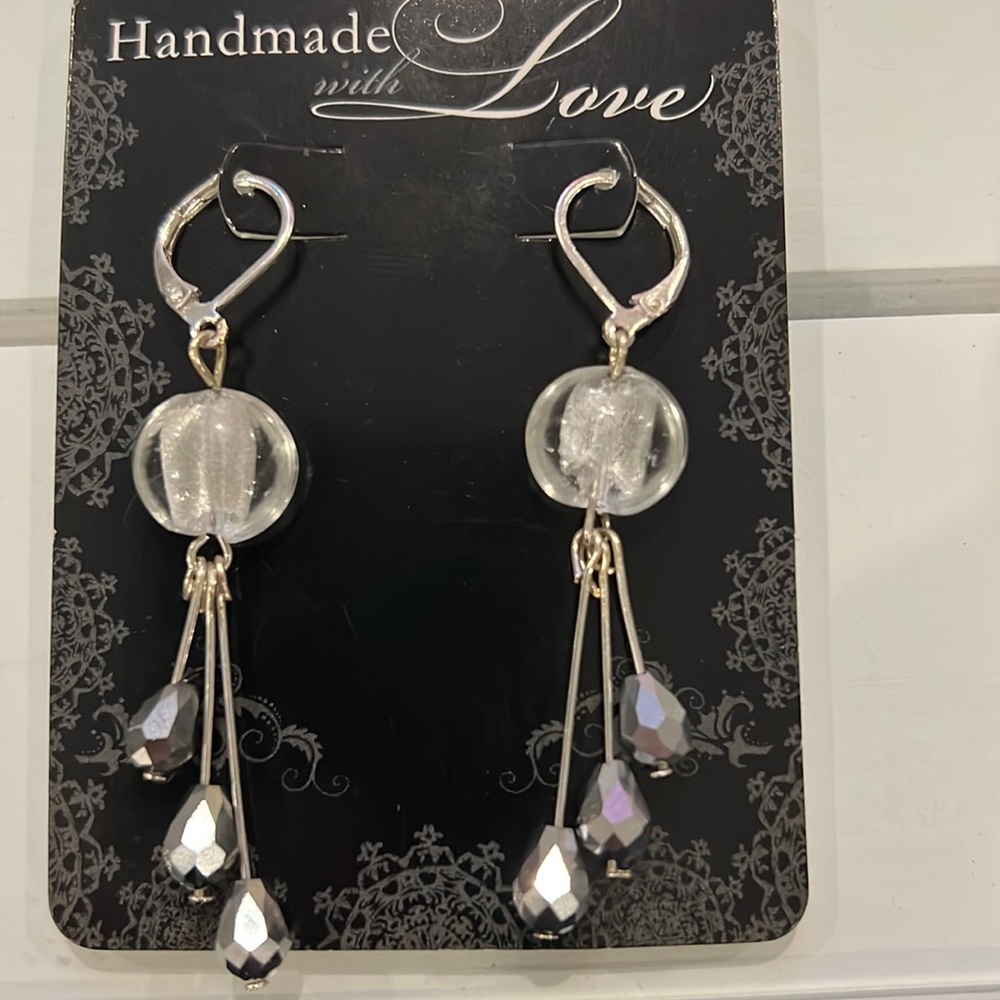 White Glass Bead With Crystal Drop Pendant Chandelier Dangle Earrings Leverback